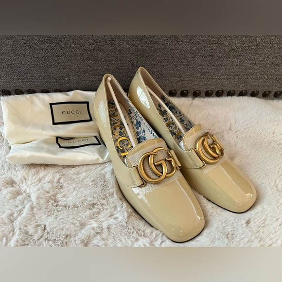New Gucci marmont GG Victoire Vernice 55mm Loafer Pumps 39 Sand Storm - Picture 4 of 11